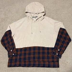 ChArmkpR Mens XXL Corduroy Flannel Patchwork Hoodie Sweatshirt Cream Blue Plaid